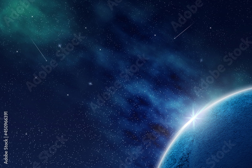 Abstract blue planet in the cosmic sky. Universe. Space background. © vallerato