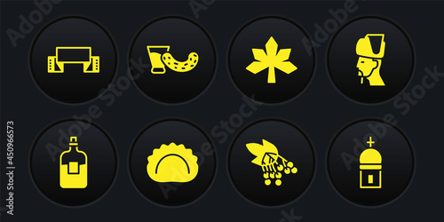Set Bottle of vodka, Ukrainian cossack, Dumplings, Branch viburnum, Chestnut leaf, Glass with, Church tower and Embroidered towel icon. Vector