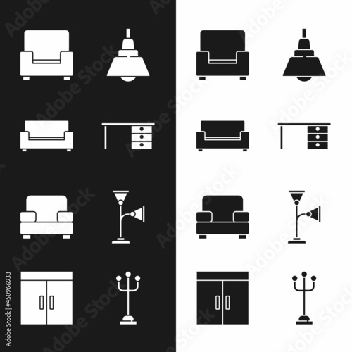 Set Office desk, Sofa, Armchair, Chandelier, Floor lamp, Coat stand and Wardrobe icon. Vector