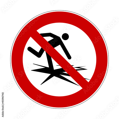 Do not enter on ice prohibition sign. Red crossed out circle sign with man falling on cracking ice. Vector illustration of risk of falling into cold water. Do not walk. Access denied. No ice skating.