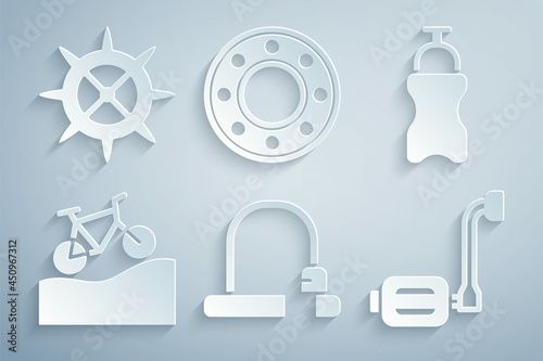Set Bicycle lock, Sport bottle with water, Mountain bicycle, pedal, ball bearing and sprocket crank icon. Vector