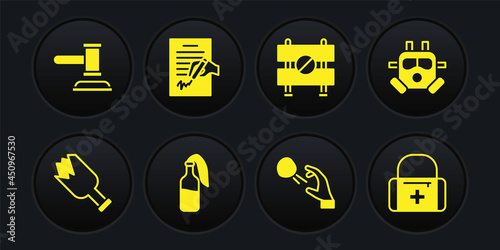 Set Broken bottle as weapon, Gas mask, Cocktail molotov, Hooligan shooting stones, Road barrier, Petition, First aid kit and Judge gavel icon. Vector