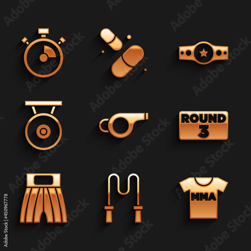 Set Whistle, Jump rope, T-shirt with fight club MMA, Boxing ring board, short, Gong, belt and Stopwatch icon. Vector