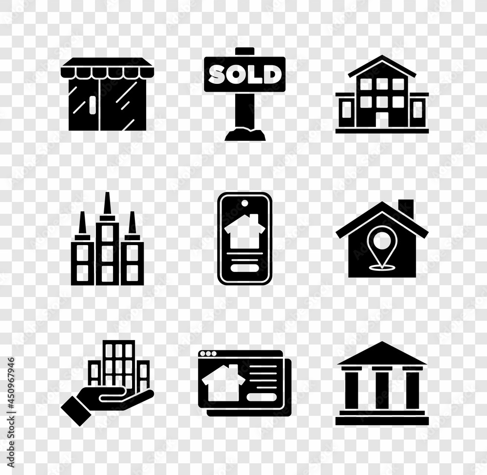 Set Market store, Hanging sign with text Sold, House, Skyscraper, Online real estate house, Museum building, and icon. Vector Set Market store, Hanging sign with text Sold, House, Skyscraper, Online real estate house, Museum building, and icon. Vector