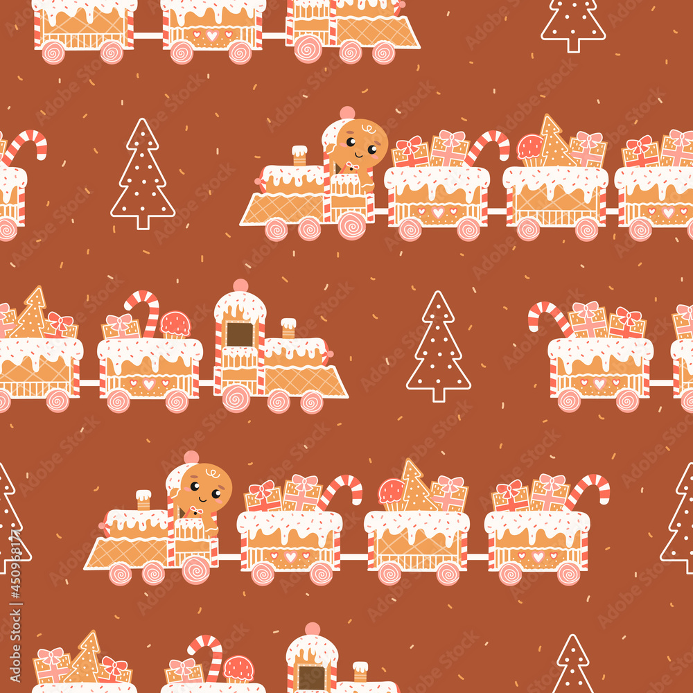 Christmas wrapping paper design with gingerman and santa express in cartoon style seamless pattern for children textile or bedding, candy cane and sweets on brown bakground