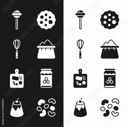 Set Bag of flour, Kitchen whisk, Lollipop, Cookie or biscuit, Cutting board, Jar honey, Jelly candy and Pudding custard icon. Vector