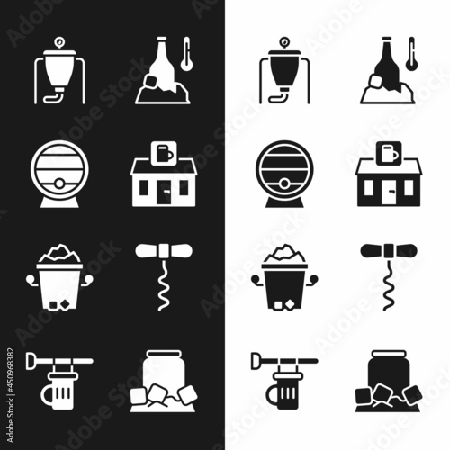 Set Store building of beer shop, Wooden barrel on rack, Beer brewing process, Cold bottle, Ice bucket, Wine corkscrew, can and Signboard with glass icon. Vector
