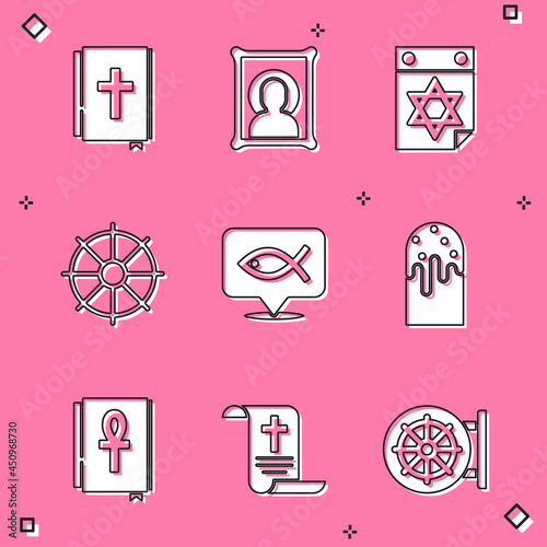 Set Holy bible book, Christian icon, Jewish calendar, Dharma wheel, fish, Easter cake, Cross ankh and Decree, paper, parchment, scroll icon. Vector
