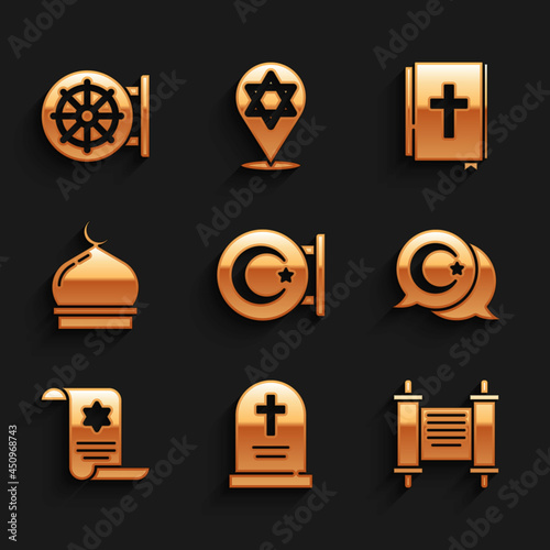 Set Star and crescent, Tombstone with cross, Decree, paper, parchment, scroll, Torah, Muslim Mosque, Holy bible book and Dharma wheel icon. Vector
