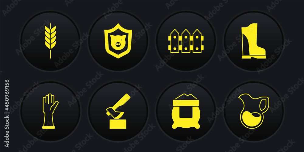 Set Rubber gloves, Waterproof rubber boot, Wooden axe, Bag flour, Garden fence wooden, Shield with pig, Jug glass milk and Wheat icon. Vector