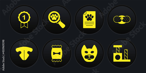 Set Cat nose, Bag of food for pet, Clinical record, Veterinary clinic, scratching post and Dog award symbol icon. Vector