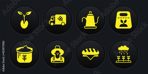 Set Bag of flour, Pack full seeds plant, Farmer in the hat, Bread loaf, Watering can, Flour truck, Plant sprouts grow rain and Sprout icon. Vector