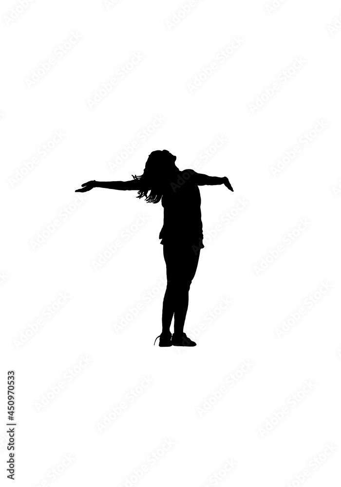 Black silhouette of a female standing with the arms outstretched - white background