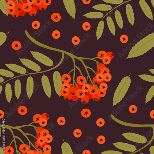 Nature’s Seamless pattern with rowan tree twig. Hand drawn vector illustration for Autumn background, wrapping paper, fabric or other