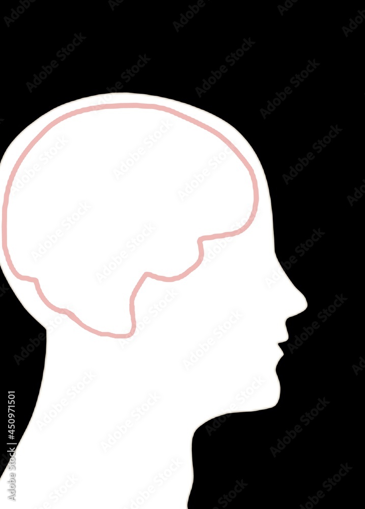 Head silhouette with pink brain outline on a black background with copy space. Mental health concept
