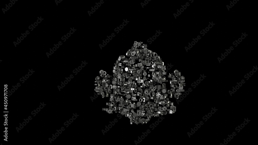 3d rendering mechanical parts in shape of symbol of alarm isolated on black background 3d rendering mechanical parts in shape of symbol of alarm isolated on black background