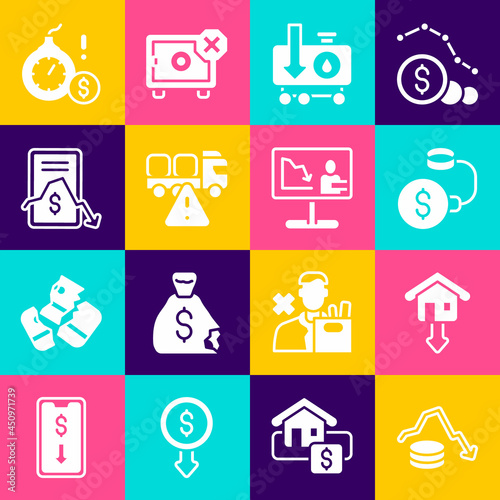Set Dollar rate decrease, Debt ball chained to coin, Drop crude oil, Stop delivery cargo truck, Mobile stock trading, Money bomb dollar crisis and Global economic news icon. Vector
