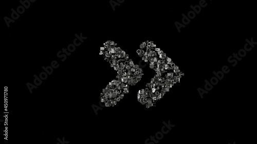 3d rendering mechanical parts in shape of symbol of angle double right isolated on black background