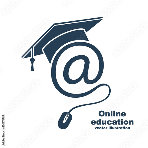 E-learning concept. Logo learning online center and graduation. Vector illustration flat design. Abstract background education. Logo template online education, internet teaching, distance training.