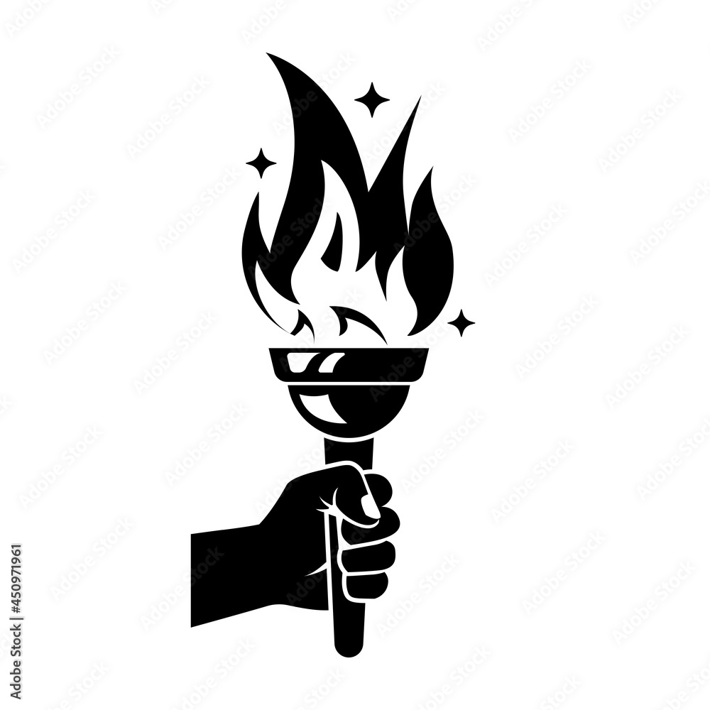 Black torch icon. Silhouette hand with flaming torch. Sports concept