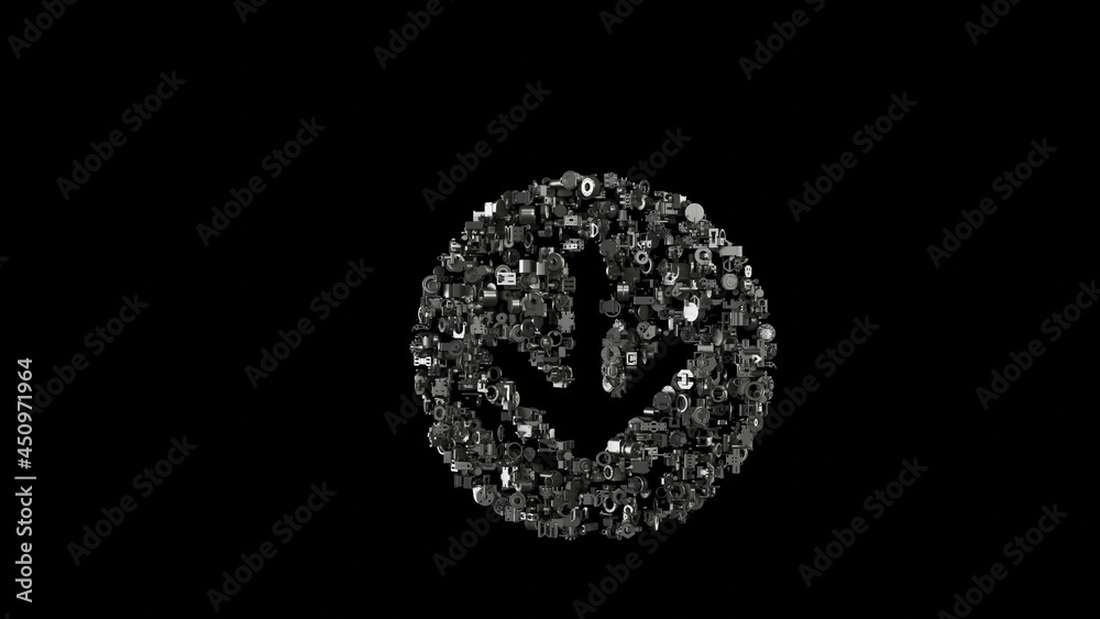 3d rendering mechanical parts in shape of symbol of down arrow in circle isolated on black background