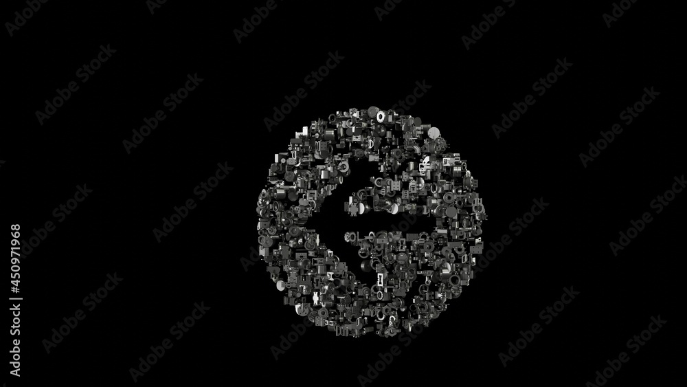 3d rendering mechanical parts in shape of symbol of left arrow in circle isolated on black background