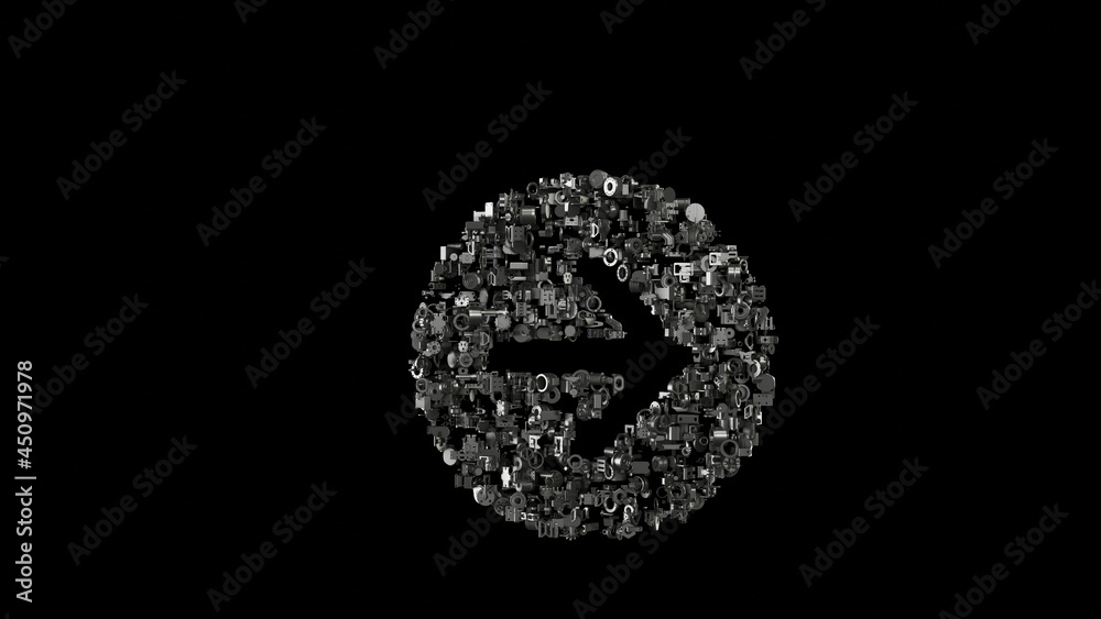 3d rendering mechanical parts in shape of symbol of right arrow in circle isolated on black background
