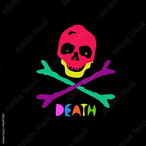 Skull crossbones colorful logo icon sign Death lettering Hand drawn head symbol Cartoon children's style Festive design Fashion print clothes apparel greeting invitation card cover flyer poster ad