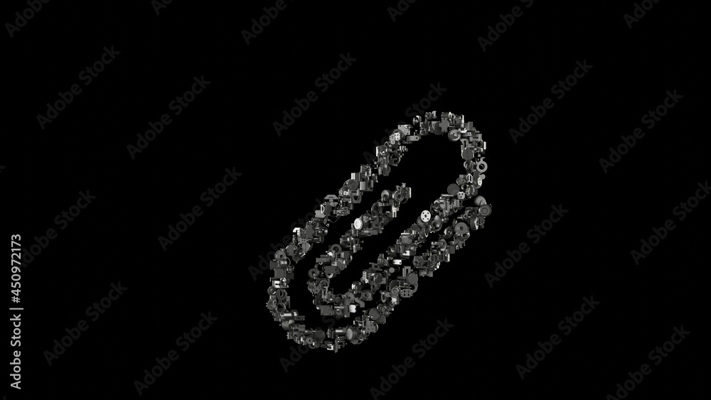 3d rendering mechanical parts in shape of symbol of attachment isolated on black background