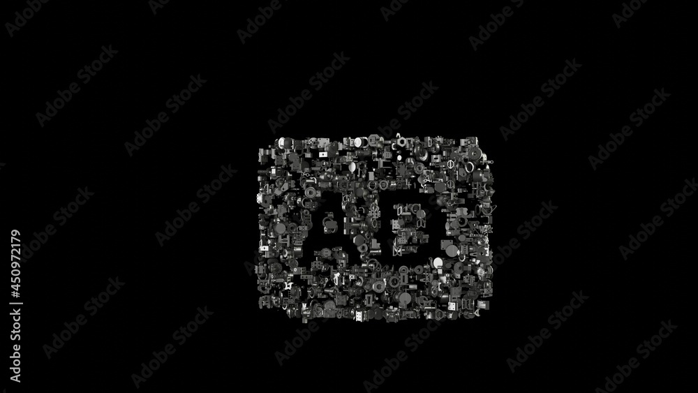 3d rendering mechanical parts in shape of symbol of audio description isolated on black background