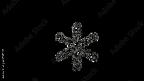 3d rendering mechanical parts in shape of symbol of asterisk isolated on black background