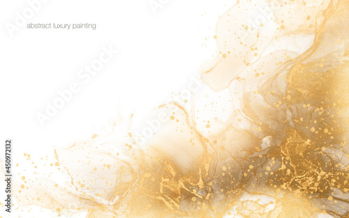 Abstract art paint gold fluid texture and gold brush flicks on white for background in concept luxury. © korkeng