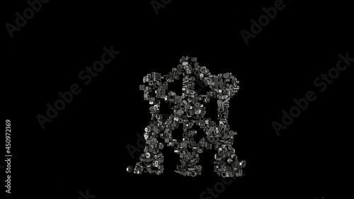 3d rendering mechanical parts in shape of symbol of atomium isolated on black background