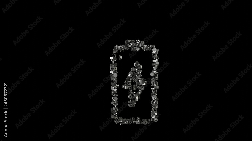 3d rendering mechanical parts in shape of vertical symbol of charging empty battery isolated on black background 3d rendering mechanical parts in shape of vertical symbol of charging empty battery isolated on black background