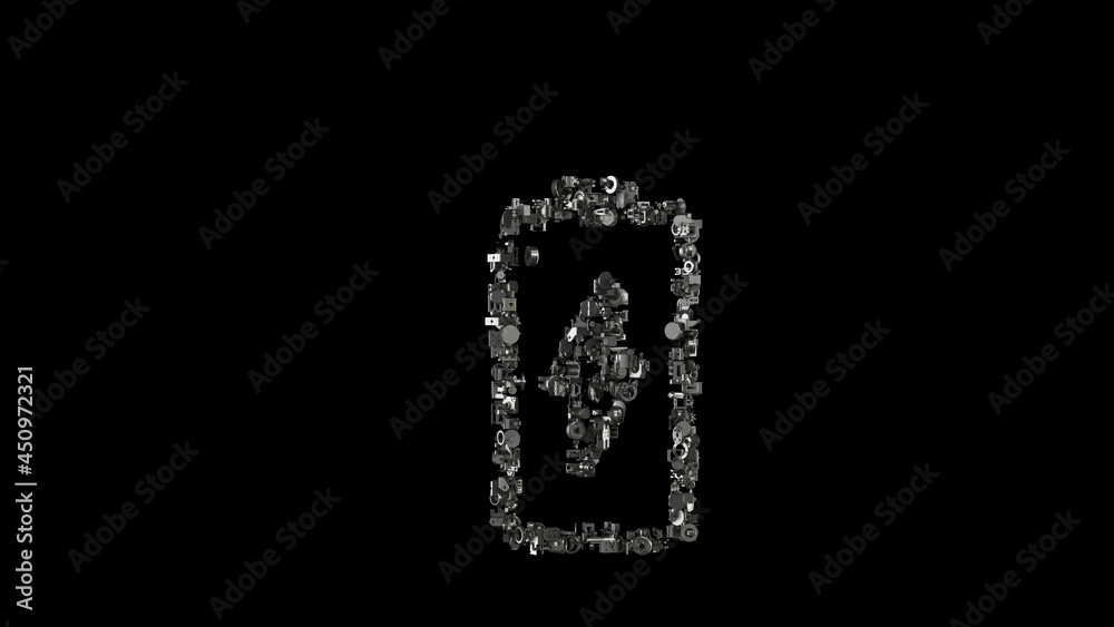 3d rendering mechanical parts in shape of vertical symbol of charging empty battery isolated on black background