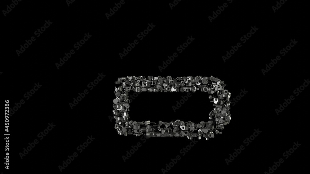 3d rendering mechanical parts in shape of horizontal symbol of battery empty isolated on black background 3d rendering mechanical parts in shape of horizontal symbol of battery empty isolated on black background