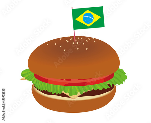 ブラジルの国旗の旗の飾りがついたチーズハンバーガーのイラスト食事飲食ファストフード