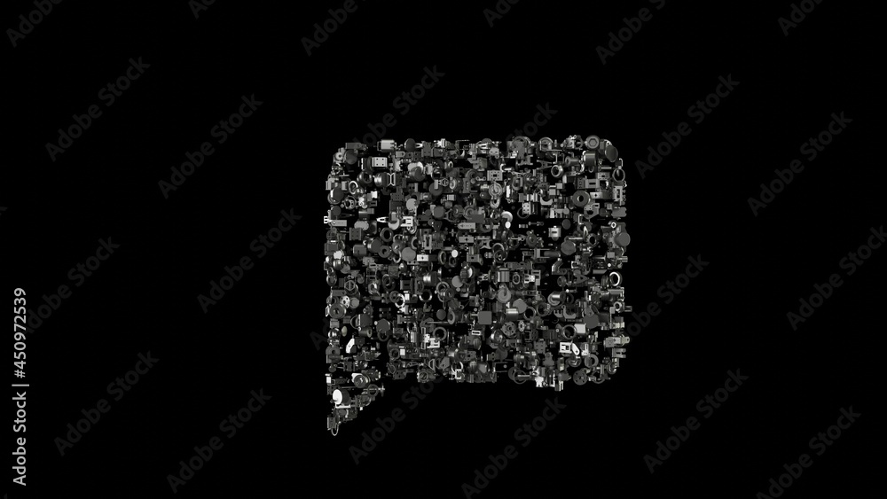 3d rendering mechanical parts in shape of symbol of black bubble speech isolated on black background 3d rendering mechanical parts in shape of symbol of black bubble speech isolated on black background