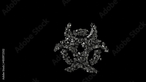 3d rendering mechanical parts in shape of symbol of biohazard isolated on black background
