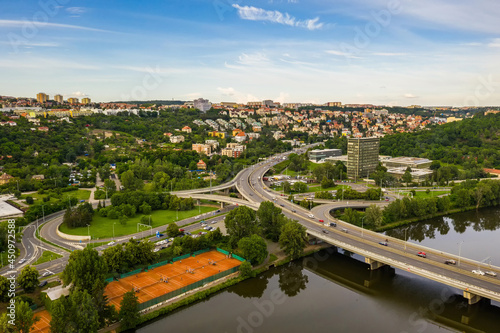 Photography Aerial view of the bridge for cars in Prague, which connects Prague 7 Holesovice and Prague 8