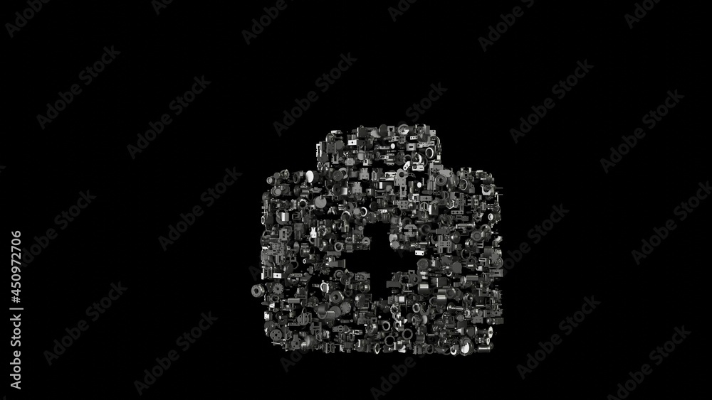 3d rendering mechanical parts in shape of symbol of medical briefcase isolated on black background 3d rendering mechanical parts in shape of symbol of medical briefcase isolated on black background