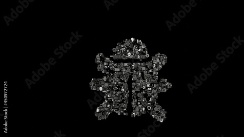 3d rendering mechanical parts in shape of symbol of bug isolated on black background