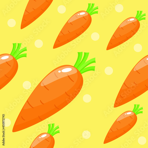 Seamless pattern with vegetable. Cute illustration of fresh carrot with orange polka dot isolated on white background. Simple design for wallpaper, print screen backdrop, fabric, and tile wallpaper.