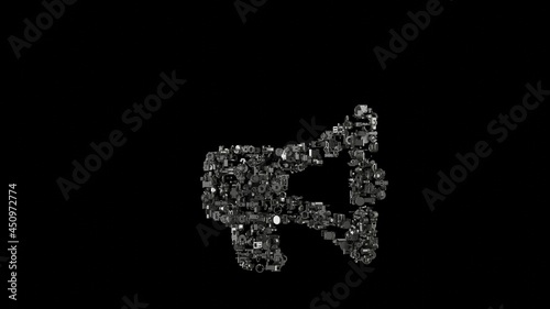 3d rendering mechanical parts in shape of symbol of bullhorn isolated on black background