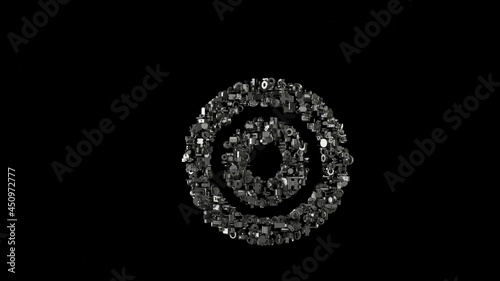 3d rendering mechanical parts in shape of symbol of bullseye isolated on black background