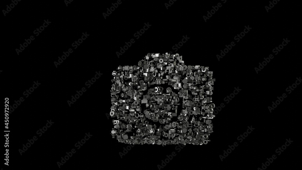 3d rendering mechanical parts in shape of symbol of camera isolated on black background 3d rendering mechanical parts in shape of symbol of camera isolated on black background