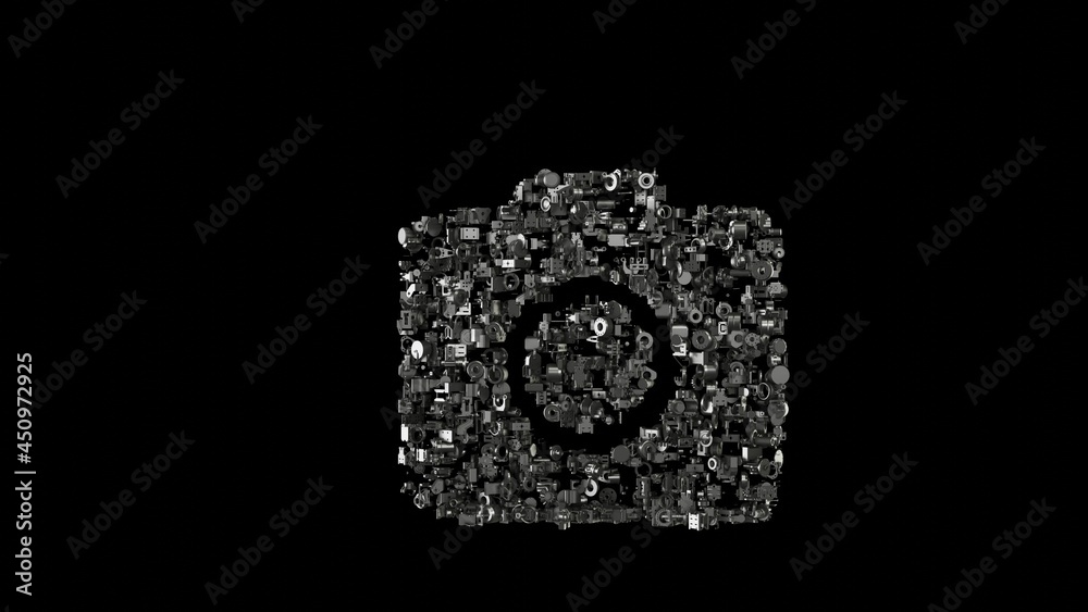 3d rendering mechanical parts in shape of symbol of camera isolated on black background 3d rendering mechanical parts in shape of symbol of camera isolated on black background