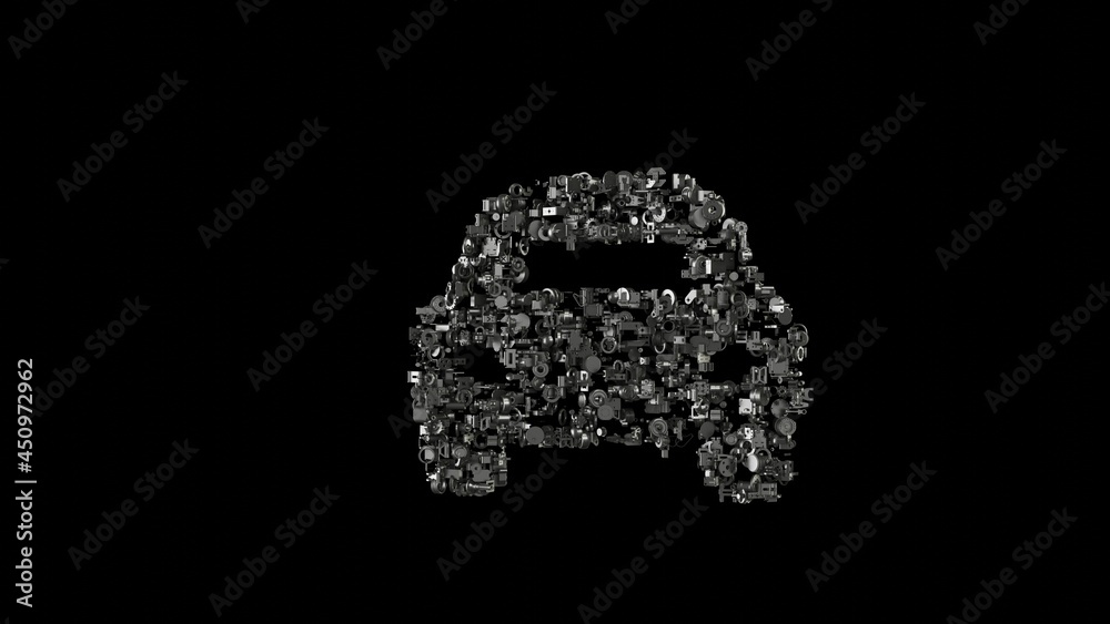3d rendering mechanical parts in shape of symbol of sport car isolated on black background