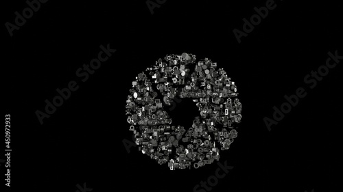 3d rendering mechanical parts in shape of symbol of camera aperture isolated on black background