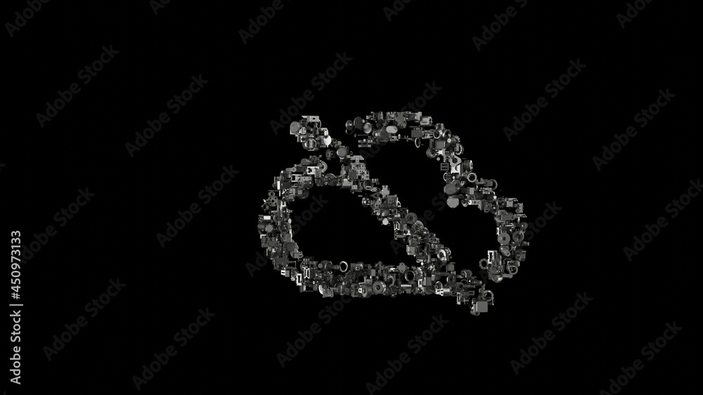 3d rendering mechanical parts in shape of symbol of disable cloud isolated on black background